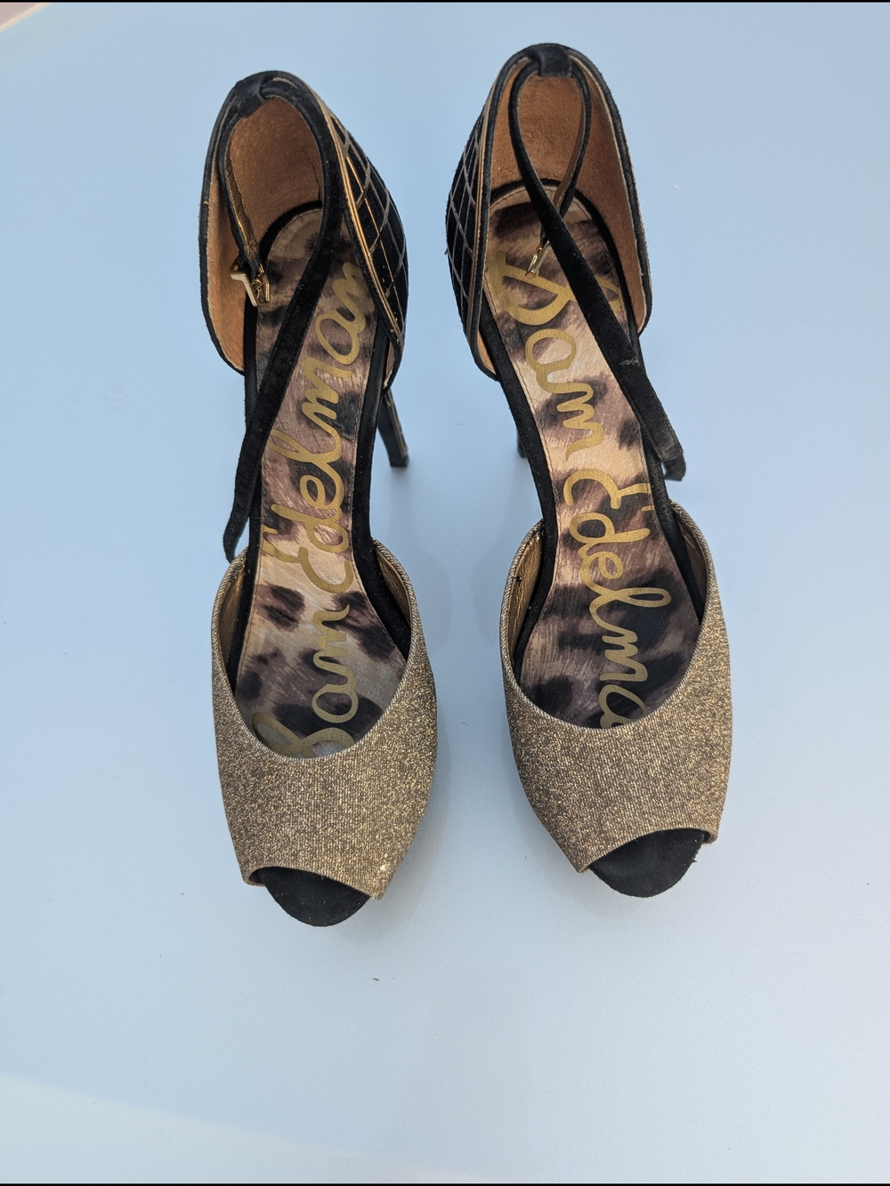 Sam Edelman Gold Glitter Peep-Toe Ankle Strap Heels